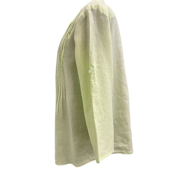 Chaus Sport Neon Green Front Pleating Button Up Linen Blouse Size L - Picture 4 of 6